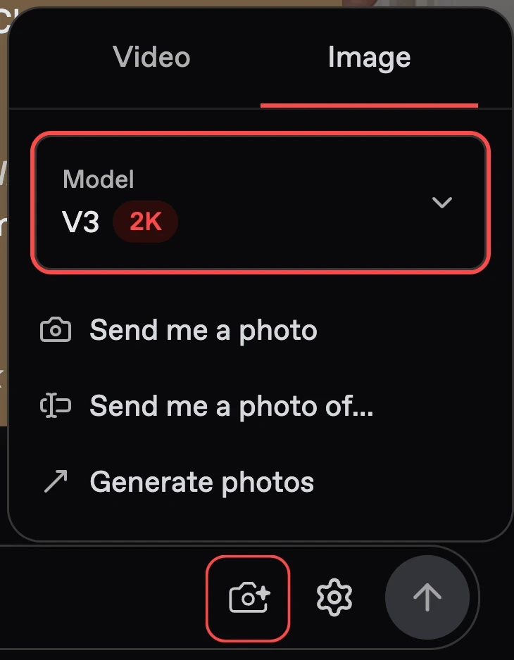 Nectar AI image menu with model selector and photo actions